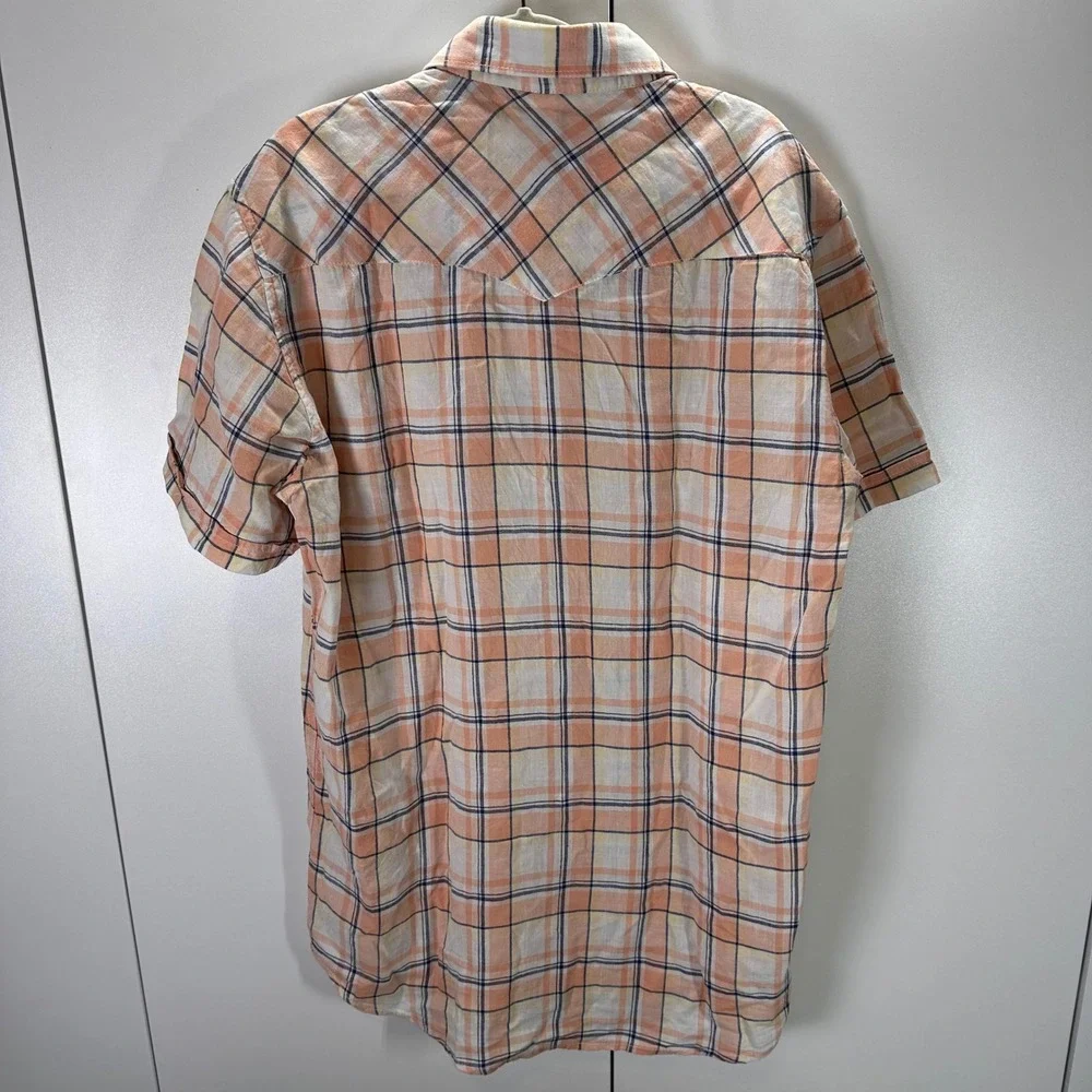 Twill Linen Plaid Peach Orange‎ Button Down Short Sleeve Shirt Mens Medium